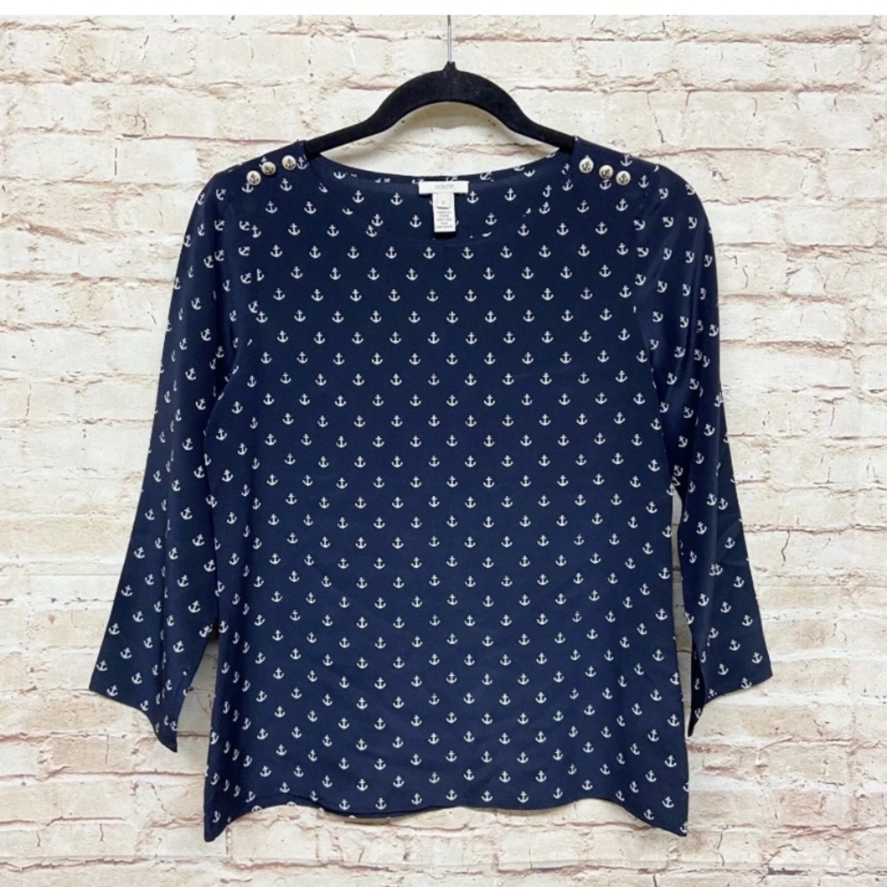 J Crew Womens Nautical Anchor Blouse Size 2 Long Sleeve Buttons 100% Silk Blue